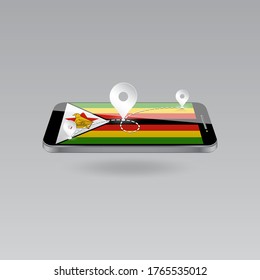Domestic, local tourism in their own country. Icons and travel route on the national flag of ZIMBABWE in a mobile phone. Recreation, entertainments, routes in a place of residence.