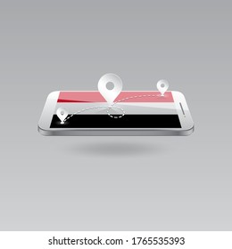 Domestic, local tourism in their own country. Icons and travel route on the national flag of YEMEN in a mobile phone. Recreation, entertainments, routes in a place of residence.