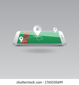 Domestic, local tourism in their own country. Icons and travel route on the national flag of TURKMENISTAN in a mobile phone. Recreation, entertainments, routes in a place of residence.