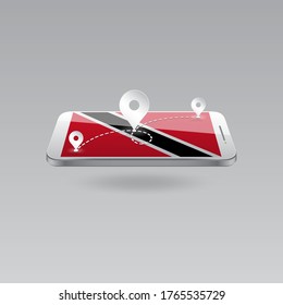 Domestic, local tourism in their own country. Icons and travel route on the national flag of TRINIDAD AND TOBAGO in a mobile phone. Recreation, entertainments, routes in a place of residence.