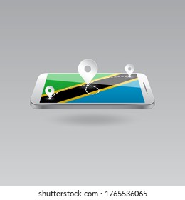 Domestic, local tourism in their own country. Icons and travel route on the national flag of TANZANIA in a mobile phone. Recreation, entertainments, routes in a place of residence.