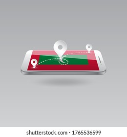 Domestic, local tourism in their own country. Icons and travel route on the national flag of MALDIVES in a mobile phone. Recreation, entertainments, routes in a place of residence.