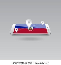 Domestic, local tourism in their own country. Icons and travel route on the national flag of HAITI in a mobile phone. Recreation, entertainments, routes in a place of residence.
