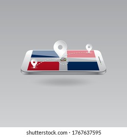 Domestic, local tourism in their own country. Icons and travel route on the national flag of DOMINICAN REPUBLIC in a mobile phone. Recreation, entertainments, routes in a place of residence.