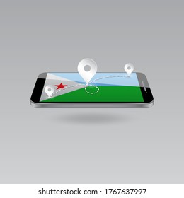 Domestic, local tourism in their own country. Icons and travel route on the national flag of DJIBOUTI in a mobile phone. Recreation, entertainments, routes in a place of residence.