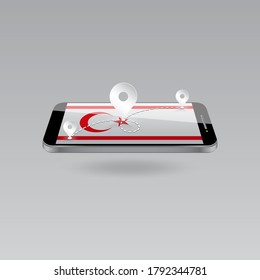 Domestic, local tourism in their own country. Icons and travel route on the national flag of TURKISH REPUBLIC OF NORTHERN CYPRUS in a mobile phone. Recreation, entertainments  in a place of residence.