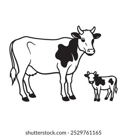 Domestic milk cows with calf, mother cow Vector illustration on white background