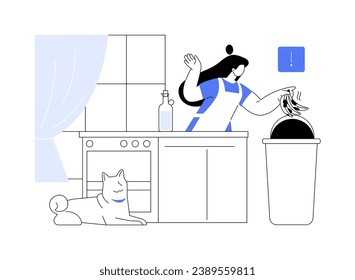 Domestic overconsumption abstract concept vector illustration. Woman throws spoiled bananas in the trash bin, ecological problems, domestic resources overconsumption abstract metaphor.