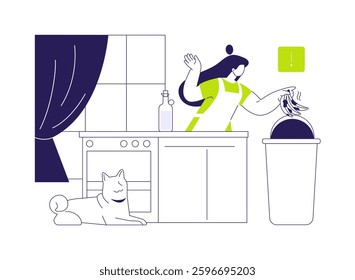 Domestic overconsumption abstract concept vector illustration. Woman throws spoiled bananas in the trash bin, ecological problems, domestic resources overconsumption abstract metaphor.