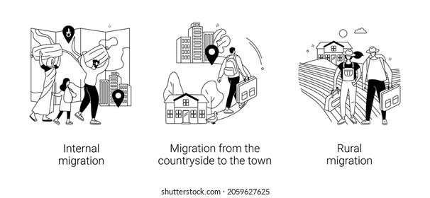 Domestic people movement abstract concept vector illustration set. Internal migration from countryside to town, rural migration, population growth, urbanization, urban area abstract metaphor.