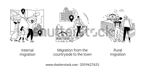 Domestic people movement abstract concept\
vector illustration set. Internal migration from countryside to\
town, rural migration, population growth, urbanization, urban area\
abstract metaphor.
