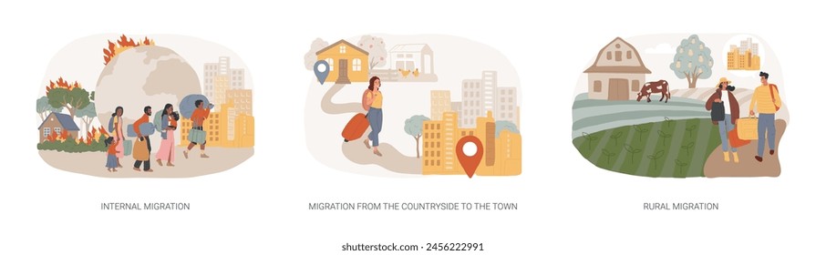 Domestic people movement isolated concept vector illustration set. Internal migration from countryside to town, rural migration, population growth, urbanization, urban area vector concept.