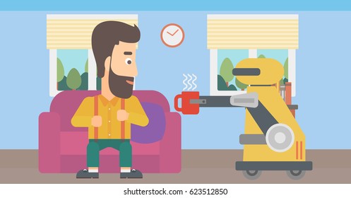 Domestic personal robot brings cup of coffee to his hipster owner at home. Domestic personal robot holding cup of coffee for his caucasian owner. Vector flat design illustration. Horizontal layout.