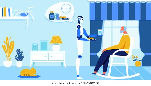 Domestic Personal Robot Engineered for People Assistance and Convenience Bring Cup of Water and Medicine to Senior Owner at Home. Artificial Intelligence in Human Life Cartoon Flat Vector Illustration