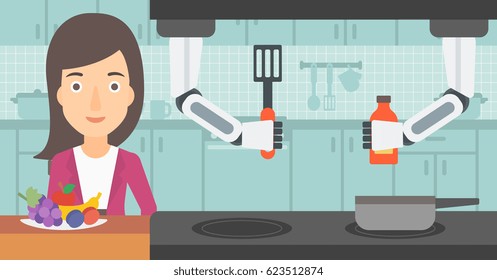 Domestic personal robot helps to his owner at kitchen. Domestic personal robot preparing breakfast at kitchen while his female owner stands nearby. Vector flat design illustration. Horizontal layout.