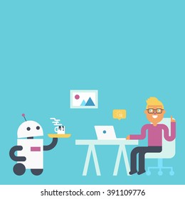 Domestic and personal robot in house concept illustration