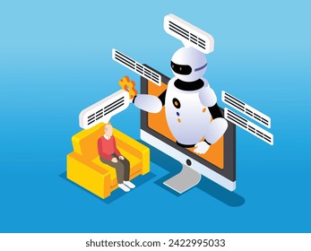 Domestic personal robot for old people assistance 3d isometric vector illustration