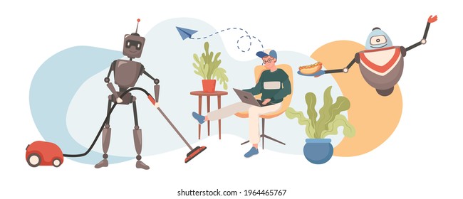 Domestic personal robots vector flat illustration. Robots cleaning floor, cooking, and serving food while young man is working and social networking. Artificial Intelligence, future technologies.