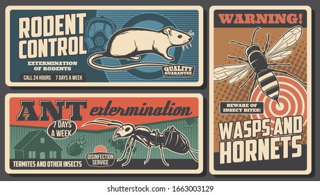 Domestic pest control service, deratization or rodent extermination vintage retro poster. Vector insects, ants and wasps pest control, mousetraps and sanitary desinsection and disinfection service