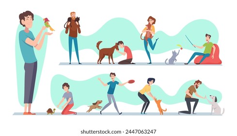 Domestic pets. Animals owners playing and hugging exact vector illustrations set