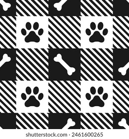 Domestic pet's paws prints and bones on gingham background. Black and white vector seamless pattern.