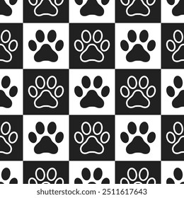 Domestic pet's paws prints on checkered background. Black and white vector seamless pattern.