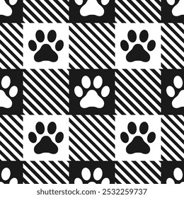 Domestic pet's paws prints on gingham background. Black and white vector seamless pattern.