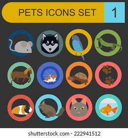 Domestic pets and vet healthcare flat icons set. Vector illustration