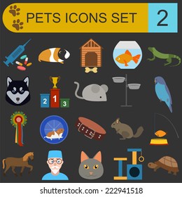 Domestic pets and vet healthcare flat icons set. Vector illustration