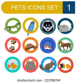 Domestic pets and vet healthcare flat icons set. Vector illustration