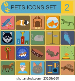 Domestic pets and vet healthcare flat icons set. Vector illustration