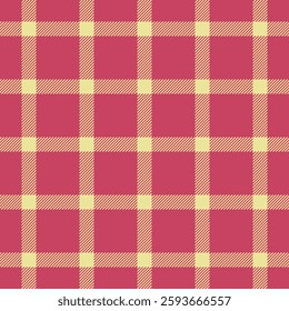 Domestic plaid textile texture, geometric background check tartan. Intricate pattern vector fabric seamless in red and yellow colors palette.