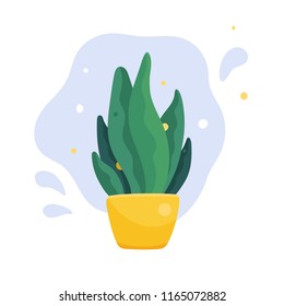 Domestic potted plant. Mother-in-law tongue, or sansevieria, in yellow pot. Modern abstract simple flat art style. Vector illustration isolated on white. 