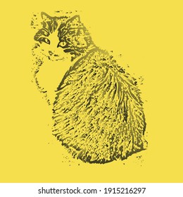 Domestic purebred fluffy cat in gradients of gray color isolated on yellow background. Portrait of a lovely pet. Can be applied to paintings, T-shirt prints, bags, wallpapers and more. 