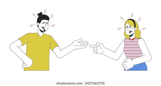 Domestic quarrels caucasian couple 2D linear cartoon characters. European adults isolated line vector people white background. Gesturing body language, emotional color flat spot illustration