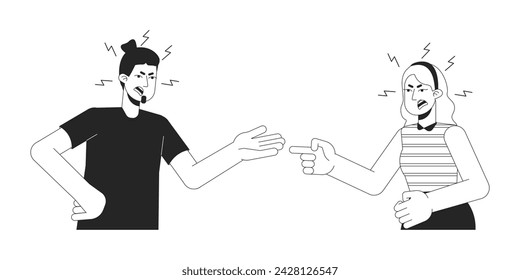 Domestic quarrels caucasian couple black and white 2D line cartoon characters. European adults isolated vector outline people. Gesturing body language, emotional monochromatic flat spot illustration