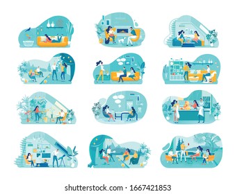 Conjunto de ilustraciones de vectores planos de recreación nacionales. Jóvenes Hombres y Mujeres Pasan Tiempo Juntos Con Personajes De Caricatura. Hobbies Domésticos, Paquete de Actividades de Ocio. Lectura de libros, cocina, jardinería y artesanía