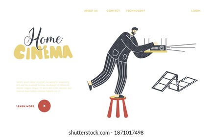 Domestic Recreation and Leisure, Relaxing Spare Time Landing Page Template. Male Character in Pajama and Slippers Tune Home Cinema Projector for Watching Movies on Weekend. Linear Vector Illustration