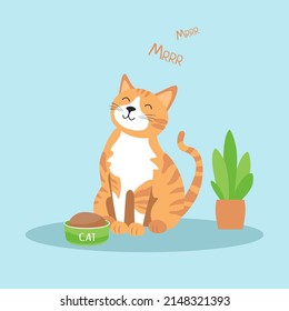 Domestic red cat sits near a bowl of food. Satiated satisfied pet in flat style. Feed the kitten food. Vector illustration depicting an animal. Cute striped kitten on a blue isolated background.