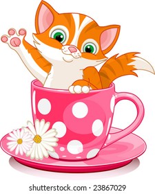 Domestic red  kitten in tea cup. Vector illustration