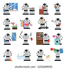 Domestic Robot for Automation Household Help Housekeeping Big Vector Set