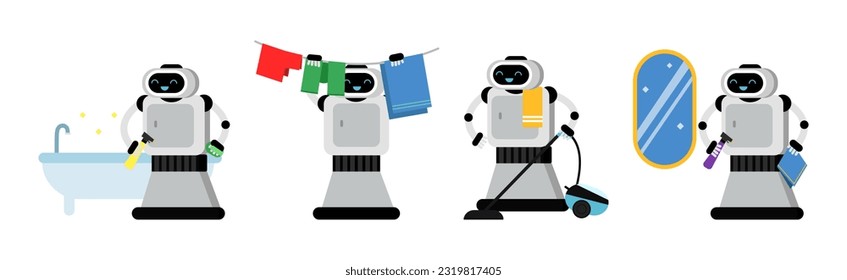 Domestic Robot for Automation Household Help Housekeeping Vector Set
