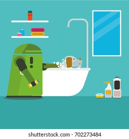 Domestic robot bathing pet dog in a bathtub. Personal household robot assistance futuristic concept illustration vector.
