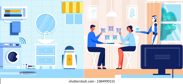 Domestic Robot Bringing Glass of Water to People Sitting at Table on Kitchen. Robotic Automation Housework Service Concept, Internet of Things, Artificial Intelligence Cartoon Flat Vector Illustration