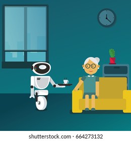 Domestic robot brings cup of coffee to his old aged owner at home. Personal robot assistance futuristic concept illustration vector.