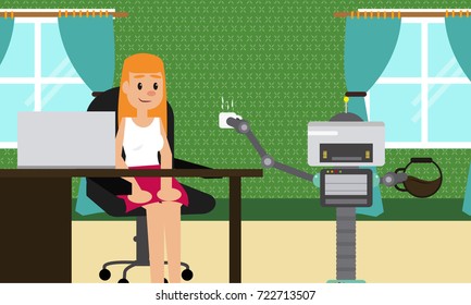 Domestic robot brings cup of coffee to his young female owner at office. Personal robot assistance futuristic concept illustration vector.

