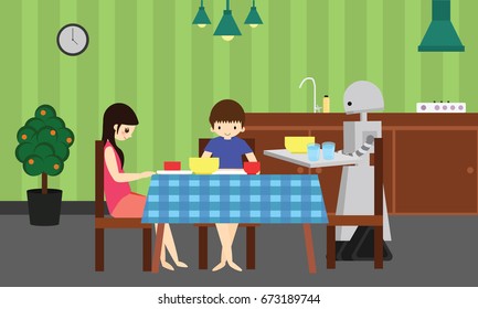 Domestic robot brings food for young boy and girl. Personal robot assistance futuristic concept illustration vector.