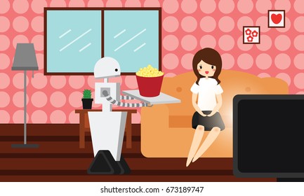 Domestic robot brings popcorn to his young female owner. Personal robot maid futuristic concept illustration vector.