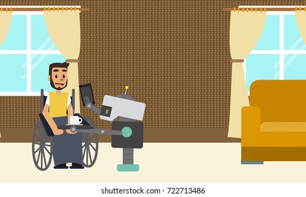 Domestic robot brings tablet and cup of coffee for his disabled man owner sitting at wheelchair. Personal robot assistance futuristic concept illustration vector.
