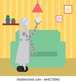 Domestic robot changing the bulb in living room. Personal robot housekeeping futuristic concept illustration vector.
